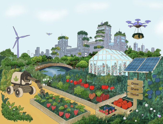 An illustrated scene depicts a sustainable urban garden with solar panels, a wind turbine, a greenhouse, drones, and a small robot tending to raised beds of strawberries, accompanied by a wooden sign reading 'Grow Share Thrive.'