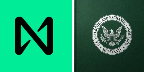 A split image shows the black and stylized "N" logo of the NEAR Protocol cryptocurrency on a teal background on the left, alongside the official seal of the U.S. Securities and Exchange Commission (SEC) on the right.

The image visually represents the SEC's approval, illustrated by the pairing of the NEAR Protocol logo with the SEC seal, for Bitwise's NEAR ETF (ticker $NRR) to be listed on NYSE Arca.