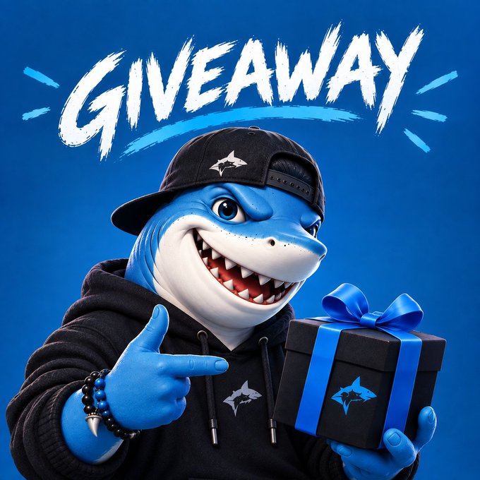 A cartoon blue shark wearing a black cap and hoodie holds a gift box with a blue ribbon, pointing toward the "GIVEAWAY" text above, visually promoting the free mint NFT giveaway for @shARCnfts on the Arc blockchain.