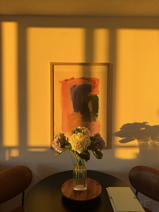 A warm, sunlit interior scene features a vase of white, blue, and purple hydrangeas on a small black round table, with dramatic window shadow patterns cast on the wall behind a framed abstract painting.