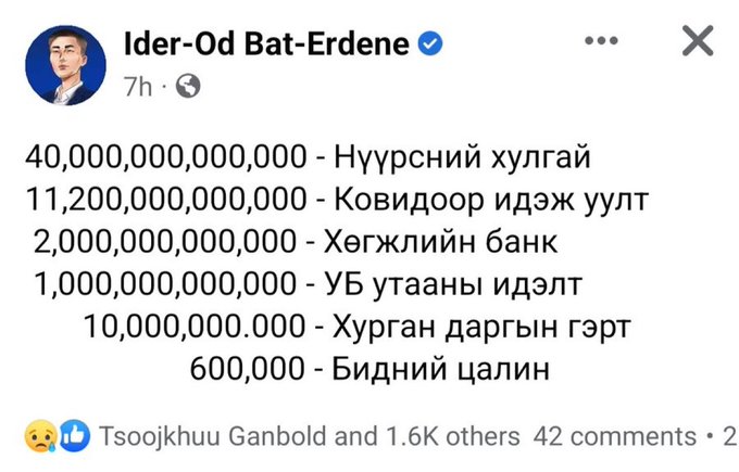 A Facebook post by Ider-Od Bat-Erdene listing amounts in Mongolian tugrik, including 40,000,000,000,000 for 'Нүүрсний хулгай' (coal theft) and other corruption allegations.