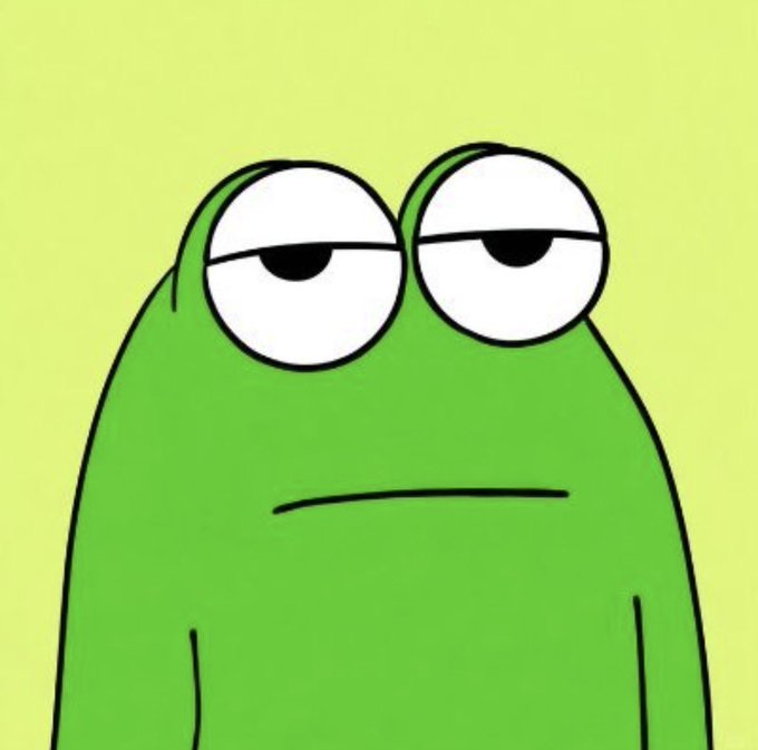 A close-up of a cartoonish green character with large sleepy-looking eyes and a straight mouth, resembling Pepe the Frog.
