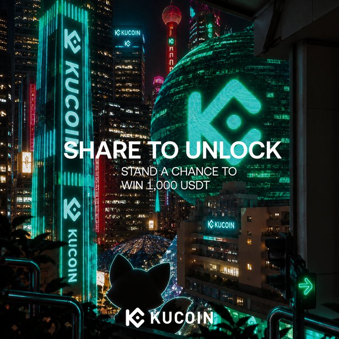 A futuristic cyberpunk cityscape bathed in neon teal showcases the KuCoin logo glowing prominently on a large spherical structure and surrounding skyscrapers, with the text "SHARE TO UNLOCK" and "STAND A CHANCE TO WIN 1,000 USDT" overlaid in the center. The image promotes KuCoin's "KuKuUNIverse Neon City" campaign, encouraging them to share their KuKu badge for a chance at 1,000 USDT.