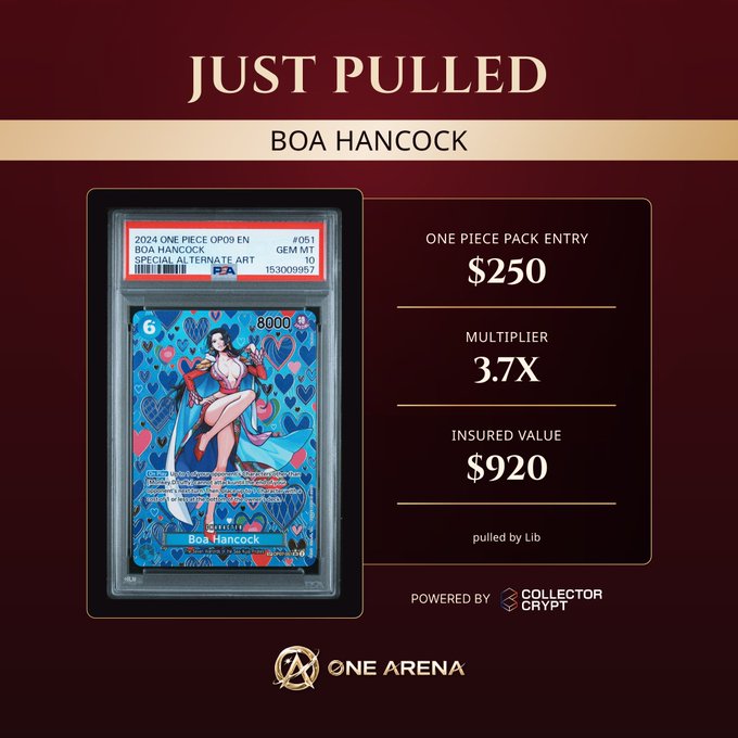 A promotional graphic shows a PSA-graded '2024 ONE PIECE OP09 EN BOA HANCOCK' trading card with details including 'One Piece Pack Entry $250', 'Multiplier 3.7X', and 'Insured Value $920', branded with 'ONE ARENA' and 'COLLECTOR CRYPT'.