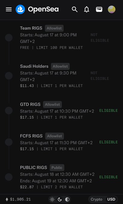A screenshot of the OpenSea mobile app showing mint schedules for various RIGS allowlist and public drops, with prices ranging from FREE to $22.87 and an ETH balance of $1,905.21.