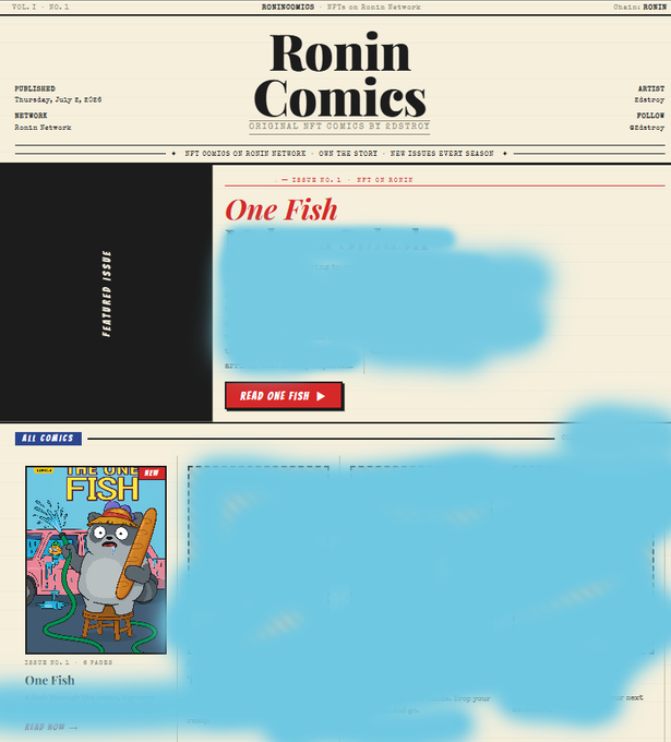 A webpage for Ronin Comics featuring the NFT comic series 'One Fish' by @zdrstroy on the Ronin Network, dated July 3, 2025, with a featured issue cover showing a dog-like character holding a baguette.