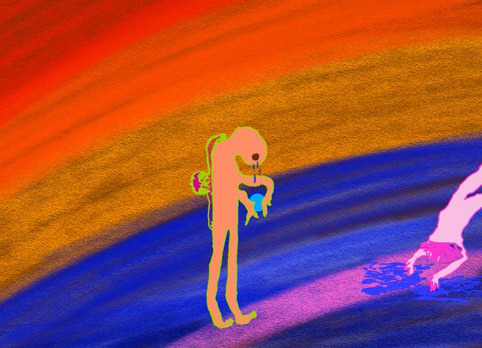 A grainy, colorful digital artwork shows distorted, elongated humanoid figures standing on a beach under a striped orange and blue sky.