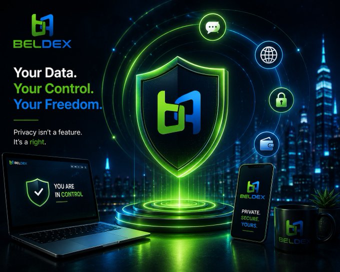 A promotional banner for Beldex featuring a glowing green shield logo, laptop, and smartphone displaying messages like 'Your Data. Your Control. Your Freedom.' and 'Private. Secure. Yours.' against a city skyline backdrop.