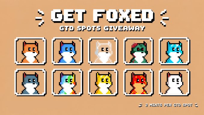 A promotional graphic for a 'GET FOXED GTD SPOTS GIVEAWAY' featuring a grid of 10 pixel-art fox characters in various colors.