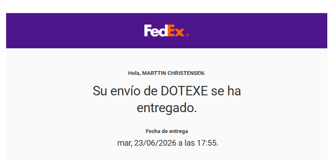 The image features a purple and white email from FedEx, which appears to be in Spanish. The email contains an invitation for someone named Martin Christenen to join a group chat or event. The text of the email reads "Hola, Martin Christenen. Su envió de DotEx se ha entregado. Cuéntame si te encuentra en el viaje. ¿Cuánto se puede hacer? #Cronos". The image also includes a link to the FedEx website and a message about a new identity for someone named Martin Christenen, which is related to the email's content.