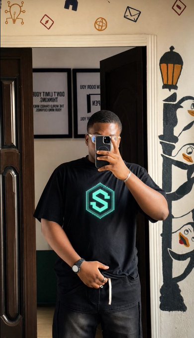A mirror selfie shows a young man wearing a black t-shirt with a teal geometric 'S' logo, standing in a doorway decorated with wall stickers and framed posters.