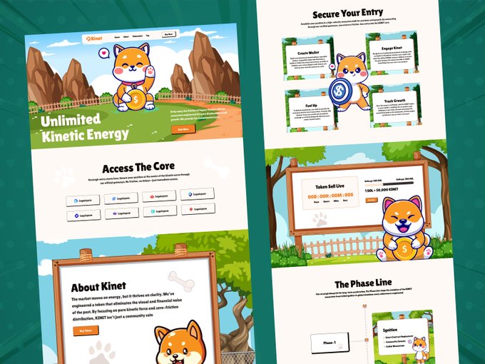 Two webpage mockups for a project called 'Kinet' featuring a Shiba Inu mascot dog, with sections titled 'Unlimited Kinetic Energy,' 'Access The Core,' 'Secure Your Entry,' and 'The Phase Line.'
