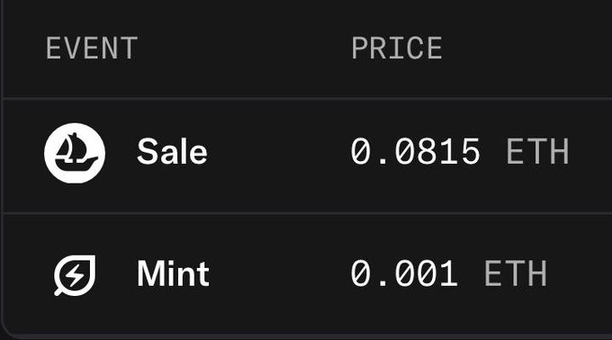 A dark interface showing NFT events with 'Sale' priced at 0.0815 ETH and 'Mint' priced at 0.001 ETH.