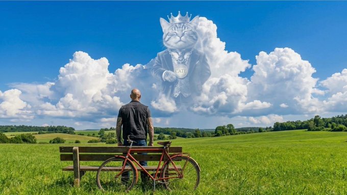 A man stands with his red bicycle beside a wooden bench in a sunlit green field, gazing up at a surreal cloud formation shaped like a regal cat wearing a crown and holding a "CAT" medallion.

The image's dreamy sky-cat imagery of a "king of the clouds" mirrors the post's reflective mood of gratitude, ambition, and quiet persistence—"still chasing bigger goals" and learning "one day at a time," much like the man looking upward toward an aspirational, larger-than-life vision of success.
