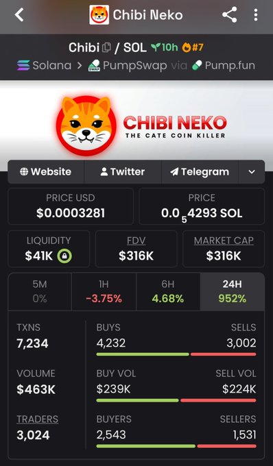 A cryptocurrency tracker screen for the 'Chibi Neko' token on the Solana blockchain via PumpSwap, showing a 952% gain in 24 hours.