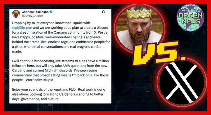 "Cards Against Humanity #1" is displayed at the top of the image. The title reads "NEW: CARDINO CO-FOUNDER @IOHK_Charles ANNOUNCES we are working out a plan to create a Discord for a great migration of Cardano community from X".