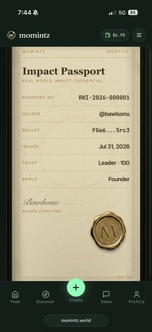 A mobile screenshot of the 'momintz' app displaying an 'Impact Passport' for holder '@bawlsonu' with a Trust level of 'Leader · 100'.