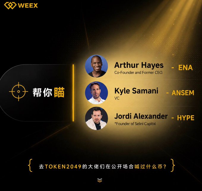 A WEEX promotional graphic highlighting three crypto influencers—Arthur Hayes (ENA), Kyle Samani (ANSEM), and Jordi Alexander (HYPE)—with Chinese text asking which coins were called out at TOKEN2049.