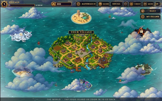 Screenshot of a village management game showing 'YOUR VILLAGE' on a central island surrounded by clouds and other islands, with a top menu bar including 'GUIDE', 'SOCIAL', 'CHEST', and 'MY ISLAND' options.