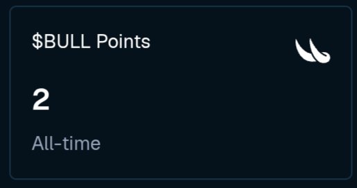 A dark-themed digital dashboard widget displaying '$BULL Points' with a count of '2' labeled 'All-time'.