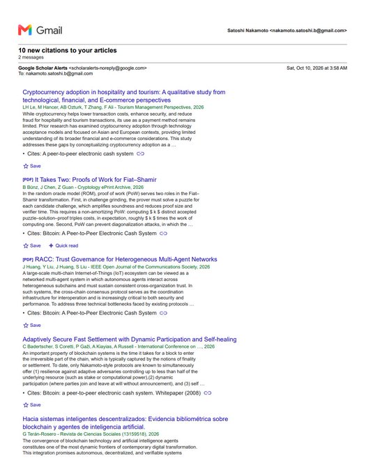 A Gmail screenshot from Google Scholar Alerts shows '10 new citations to your articles' for Satoshi Nakamoto, listing papers on cryptocurrency, blockchain, and trust governance.