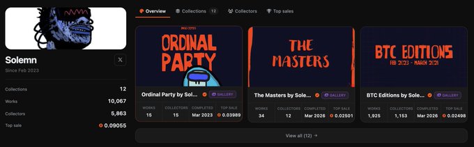 A profile page for 'Solemn' on what appears to be an NFT marketplace, showing collections like 'Ordinal Party', 'The Masters', and 'BTC Editions'.