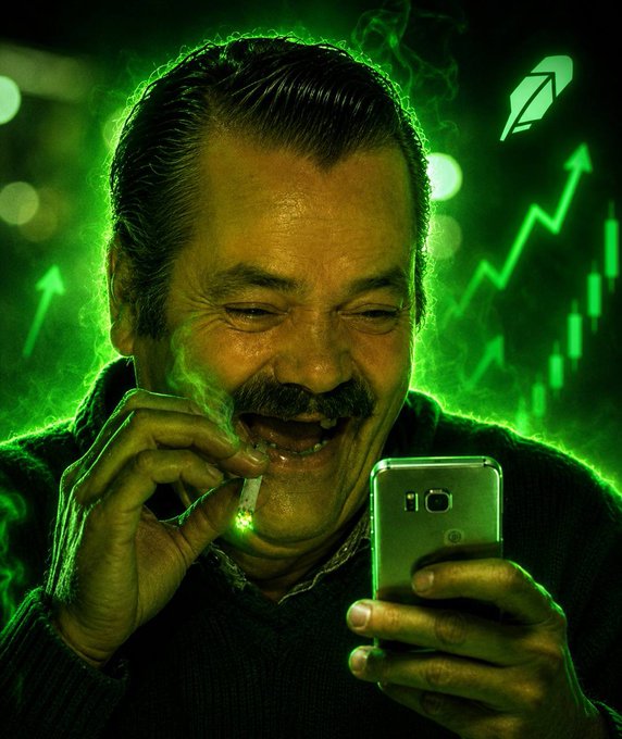 The image shows a man laughing while smoking a cigarette and looking at his phone, bathed in green light with cryptocurrency chart arrows and a "PUMP" rocket icon, reflecting the post's excitement about gambling on the $KEKW meme token (contract 0x26996edc9f2d81bf24a07aa7a2a9f06e5ac506a3) and hoping for a price pump.