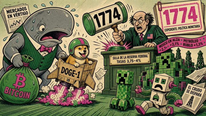 A colorful editorial illustration features a sweating whale, a dog in a helmet holding a 'DOGE-1' box, a man hammering at a 'SILLA DE LA RESERVA FEDERAL' podium, and pixelated characters, with text including 'MERCADOS EN VÉRTIGO', '1774', 'BITCOIN', and various market percentages.