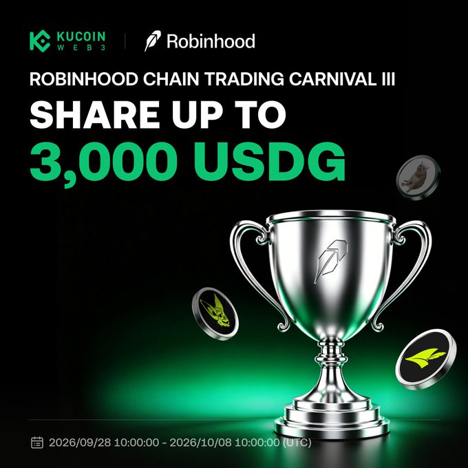 A sleek promotional graphic for the KuCoin Web3 x Robinhood Trading Carnival III, featuring a silver trophy surrounded by floating USDG coins against a dark background, advertising a prize pool of up to 3,000 USDG for participants running from September 28 to October 8, 2026 (UTC).