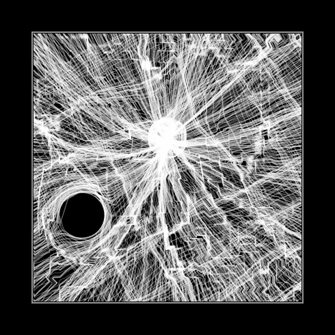 A high-contrast black and white abstract image showing bright white lines radiating from a central point across a dark background, with a black circular shape in the lower-left area.