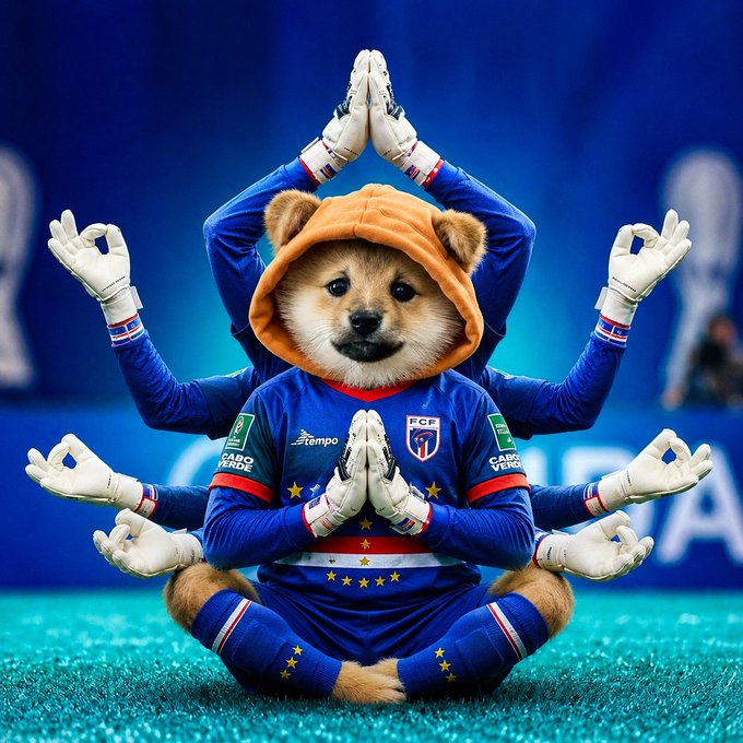 A surreal AI-generated image of a Shiba Inu dog wearing an orange beanie and blue soccer uniform with 'FCF', 'Carbo Verde', and 'Tempo' logos, displayed with multiple arms in a meditative pose.