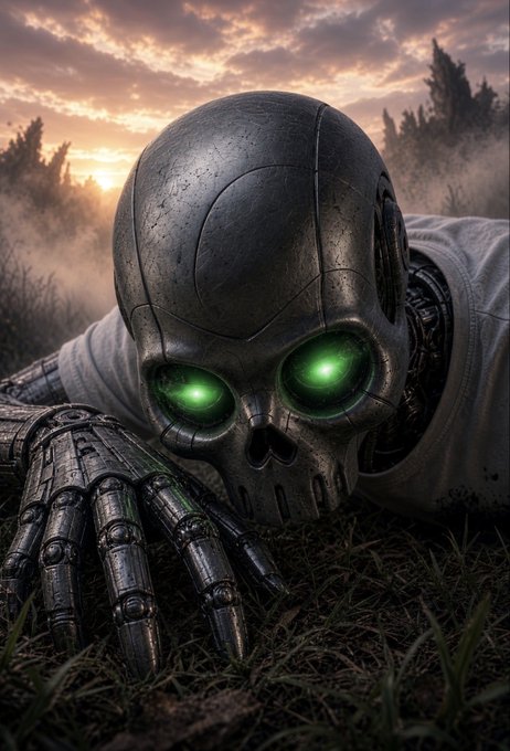A metallic robotic figure with glowing green eyes and intricate mechanical hands lies face-down in grass, set against a dramatic sunset sky with silhouetted trees.