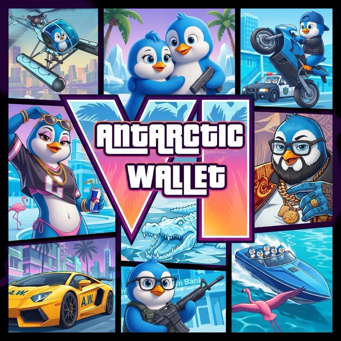 Colorful 'Antarctic Wallet' promotional artwork featuring cartoon penguins in various scenes including a helicopter, motorcycle, Lamborghini, speedboat, and with crocodile/alligator imagery.