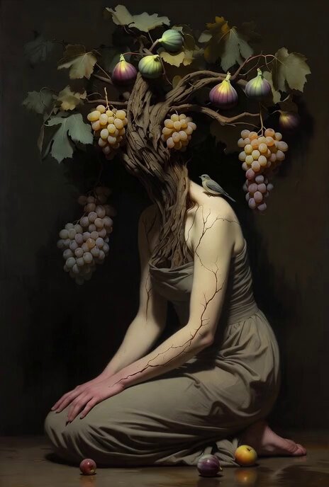 The image features a woman with her head covered by a tree, surrounded by grapes hanging from its branches. The woman appears to be kneeling or sitting down while wearing a dress. There are also apples scattered around the scene, adding to the overall atmosphere of the artwork.