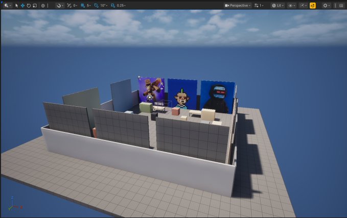 A 3D rendering in Unreal Engine showing a partially constructed virtual building or office space with posters on the walls, floating above a blue ocean background.