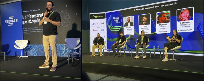 A panel discussion at a SEBRAE event titled 'A Ameaça Invisível dos Hacks por IA' with speakers Bruno Campos, Lucas Pereira, Mateus Pacido, and Solange Guerios seated on stage.