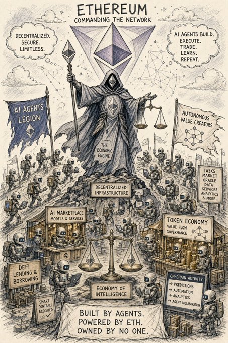 An illustration titled 'ETHEREUM COMMANDING THE NETWORK' depicting a hooded figure holding an Ethereum symbol and scales, surrounded by robot-like figures, banners reading 'AI AGENTS LEGION' and 'AUTONOMOUS VALUE CREATORS', and the text 'BUILT BY AGENTS. POWERED BY ETH. OWNED BY NO ONE.'