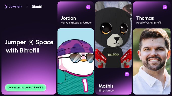 The image features a poster for an event related to Jumper, which appears to be a gathering or party with a focus on Bitrefill. The poster displays three different images of cartoon characters, including a penguin wearing sunglasses and two men posing together in front of a cartoon bear. These images are arranged in a horizontal row, each representing a different aspect of the event. The text at the bottom of the poster provides information about the event, such as the date, time, and location, as well as details on how to claim Jumper perks or make the most out of Bitrefill Tune.