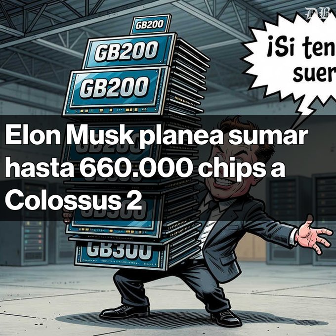 A cartoon of Elon Musk straining under the weight of a tall stack of monitors labeled 'GB200', with the Spanish caption 'Elon Musk planea sumar hasta 660.000 chips a Colossus 2' and a speech bubble reading '¡Si tienes suerte!'.