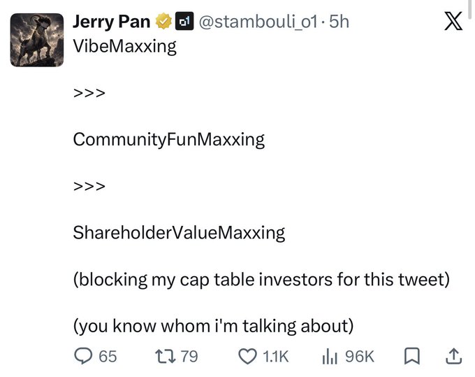 A screenshot of a tweet from Jerry Pan (@stambouli_o1) that reads "VibeMaxxing >>> CommunityFunMaxxing >>> ShareholderValueMaxxing (blocking my cap table investors for this tweet) (you know whom i'm talking about)" with 65 replies, 79 retweets, 1.1K likes, and 96K views. The post is promoting $JERRY as a top Base memecoin, using Jerry's viral "Maxxing" hierarchy tweet as evidence of his authentic engagement with Base trenches culture.