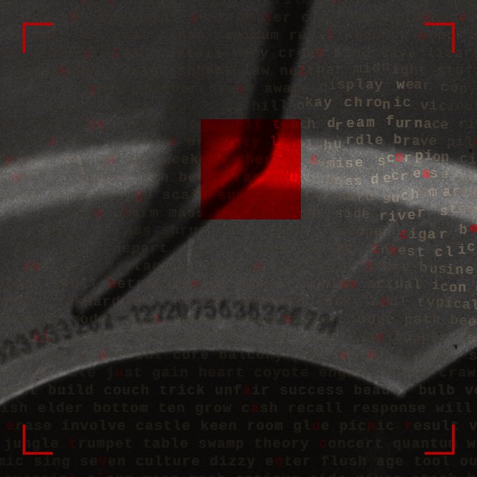 A dark, grainy image featuring a red glowing square in the center, overlaid with scattered words like "dream," "success," "invest," "cash," and "build," along with numerical digits and corner brackets resembling a camera viewfinder.