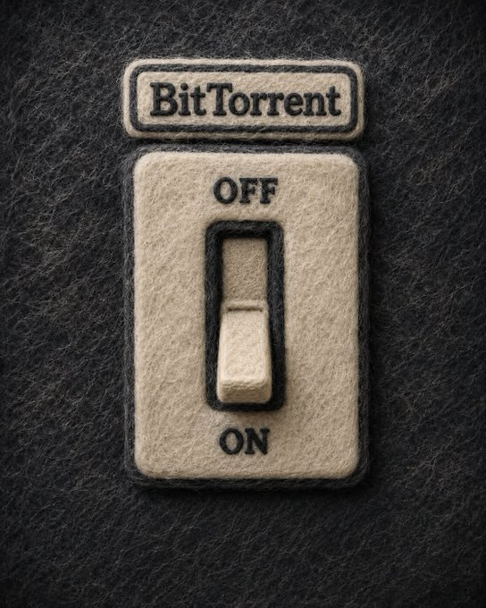 A felt-like image of a light switch labeled "BitTorrent" at the top, with the toggle currently in the "OFF" position, symbolizing a pivotal transformation moment. The visual metaphor suggests BitTorrent is being "switched on" to a new era—evolving from its legacy as a P2P file-sharing protocol into decentralized Web3 compute and storage infrastructure, now listed as $BTTC on Binance.US.
