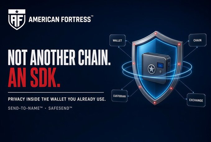 An advertisement for 'AMERICAN FORTRESS' featuring a digital safe behind a shield, with the tagline 'NOT ANOTHER CHAIN. AN SDK.' and labels for Wallet, Chain, Custodian, and Exchange.