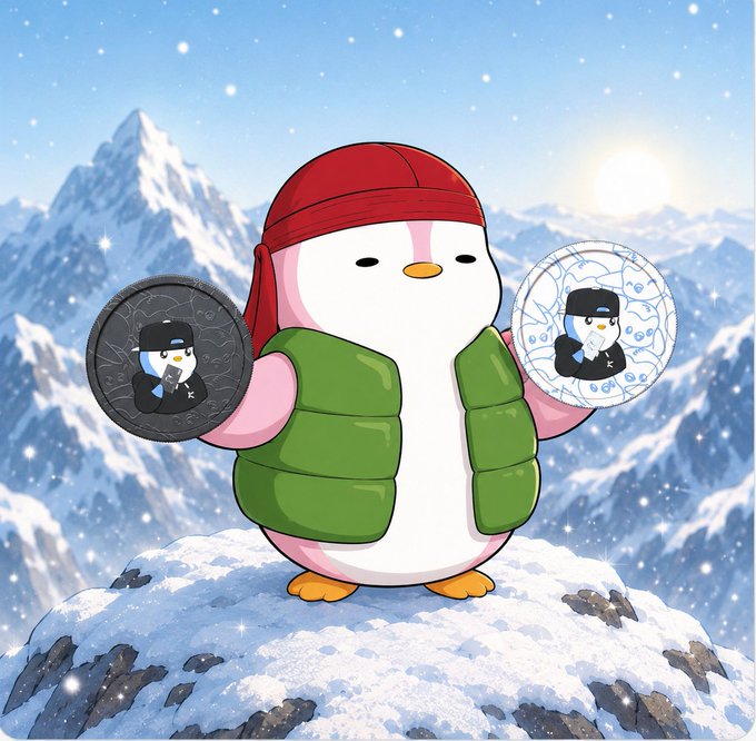 A cartoon penguin wearing a red beanie and green puffer vest stands on a snowy mountain peak, holding up two silver and blue tokens that feature small penguin mascots. The tokens represent the Pudgy Penguins x KASTxyz Soulbound Tokens (SBTs) earned by spending $10 and $100 with the Kast crypto card, matching the post's mention of receiving two SBTs for card usage.