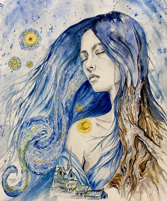 A watercolor and ink painting depicting a serene woman with flowing blue hair that blends into a swirling blue sky with golden celestial elements above a village landscape.