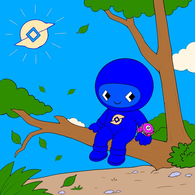 A blue cartoon astronaut character sits on a tree branch in a stylized outdoor scene, with a planet-with-ring symbol visible in the sky and on its chest.