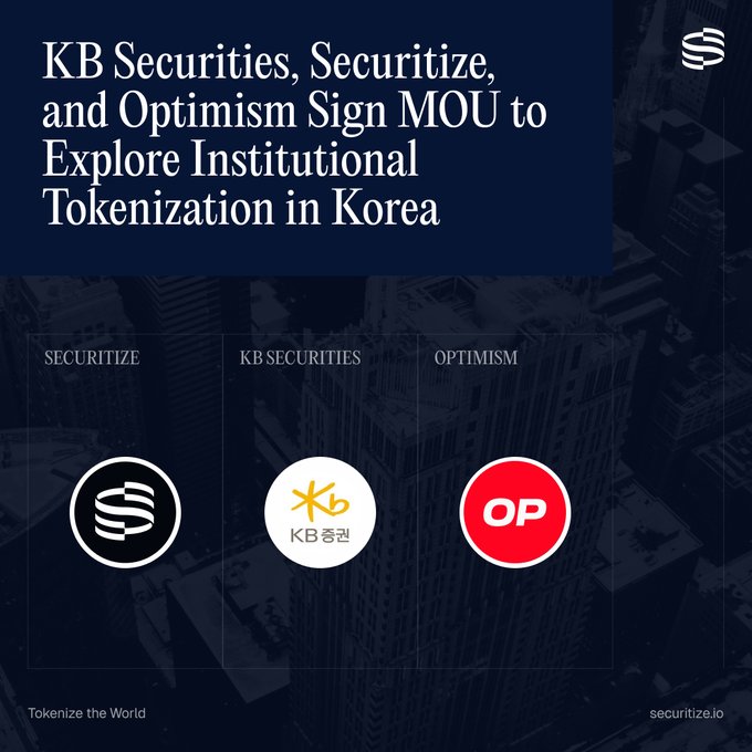 A promotional graphic announcing 'KB Securities, Securitize, and Optimism Sign MOU to Explore Institutional Tokenization in Korea,' displaying the three company logos.