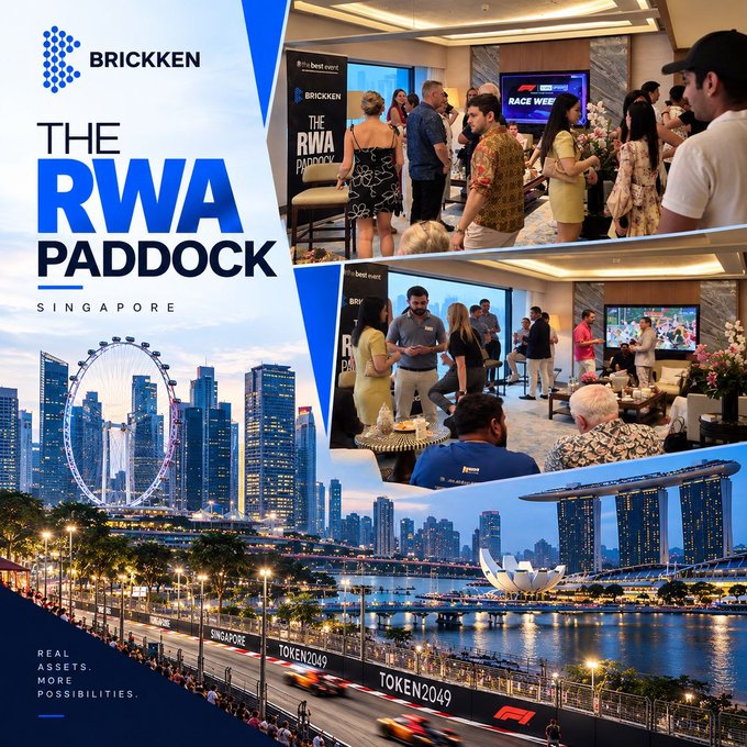 The image is a promotional collage for "Brickken - The RWA Paddock Singapore" event, featuring the Singapore skyline with the iconic Marina Bay Ferris wheel and F1 race track, alongside photos of attendees networking in elegant indoor settings. Visible text includes "BRICKKEN," "THE RWA PADDOCK SINGAPORE," and the tagline "REAL ASSETS. MORE POSSIBILITIES," tying into the post's theme of parallel races—the F1 Grand Prix and the race for real-world asset (RWA) tokenization happening at this financial industry gathering.