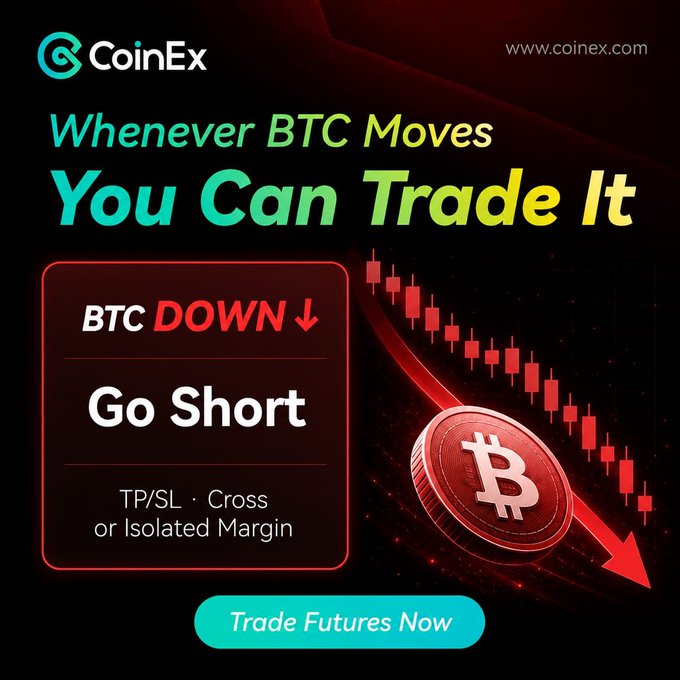 A promotional advertisement for CoinEx cryptocurrency exchange featuring a red Bitcoin graphic with a downward candlestick chart, promoting 'BTC DOWN - Go Short' trading with the tagline 'Whenever BTC Moves You Can Trade It' and a 'Trade Futures Now' button.