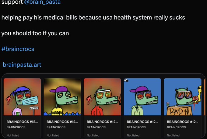 A tweet supporting @brain_pasta by @braincrocs about helping pay medical bills due to the US healthcare system, featuring NFT images of cartoon crocodile characters with sunglasses and the hashtag #braincrocs and website brainpasta.art.